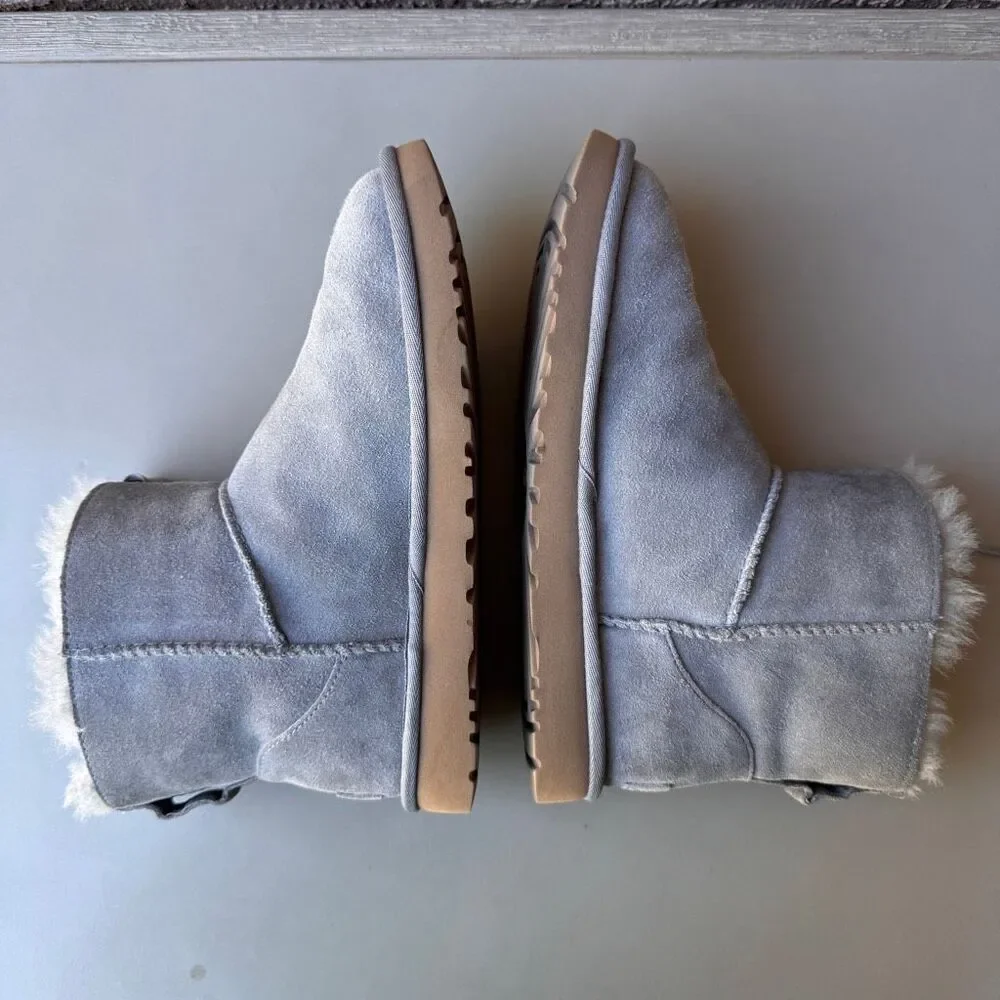 UGG Lace Mini Boots Womens 8 Gray Suede Corset Bow Classic Shearling Pull On